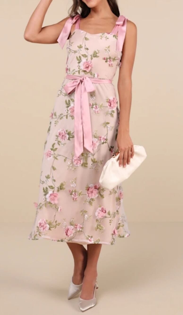 Lulus Authentic Sweetness Pink Floral Applique Tie-Strap Midi Dress